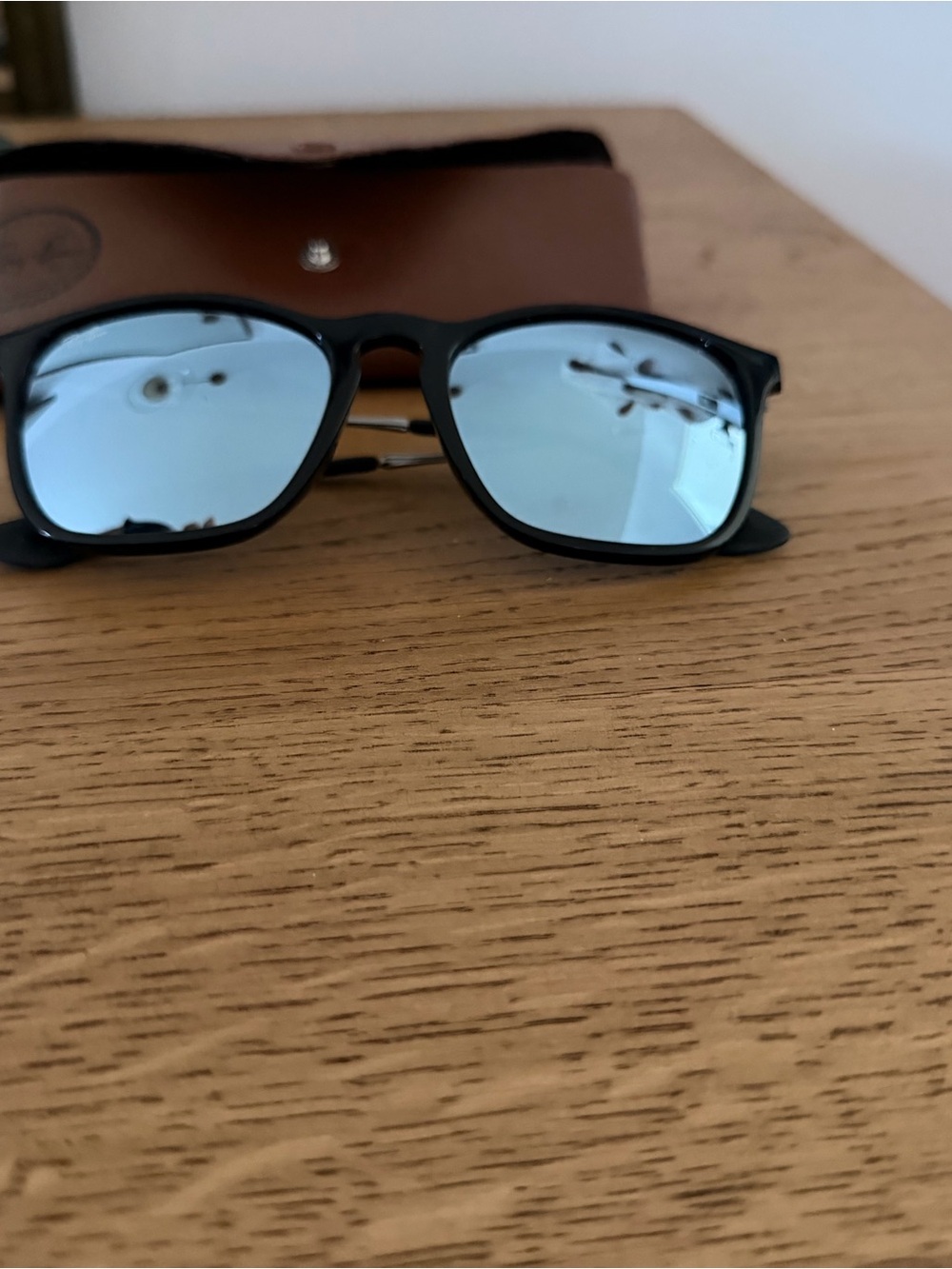 Ray Ban Black Frame Sunglasses with Blue Mirrored Lenses with Brown leather case